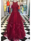 Halter Lace Red Ruffle Long Evening Prom Φορέματα, Φθηνό Προσαρμοσμένο Κόμμα Prom Φορέματα, 18597