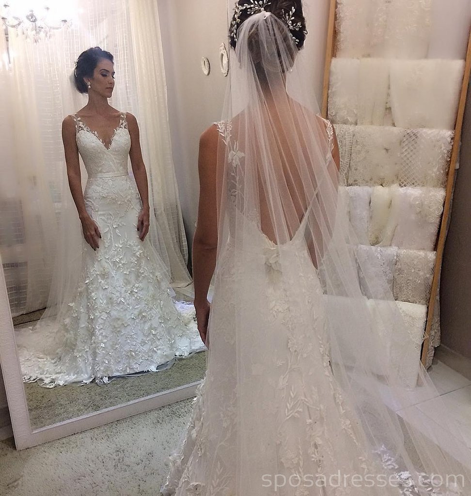 V Neck Backless Lace Mermaid Cheap Wedding Dresses Online, Robes de mariée bon marché, WD530