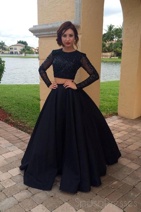 Black Two Pieces Long Sleeves Beaded A-line Long Evening Prom Dresses, 17643