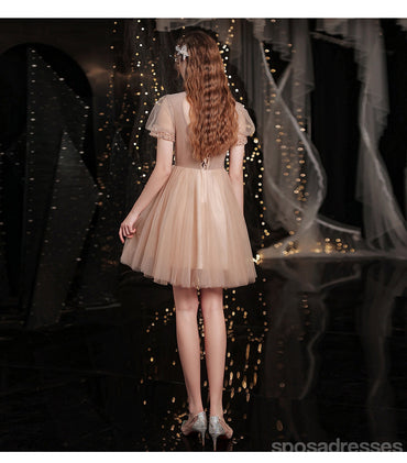 V Neck Dusty Pink Tulle Beaded Κοντά Homecoming Φορέματα Online, Φθηνά Κοντά Φορέματα Prom, CM845