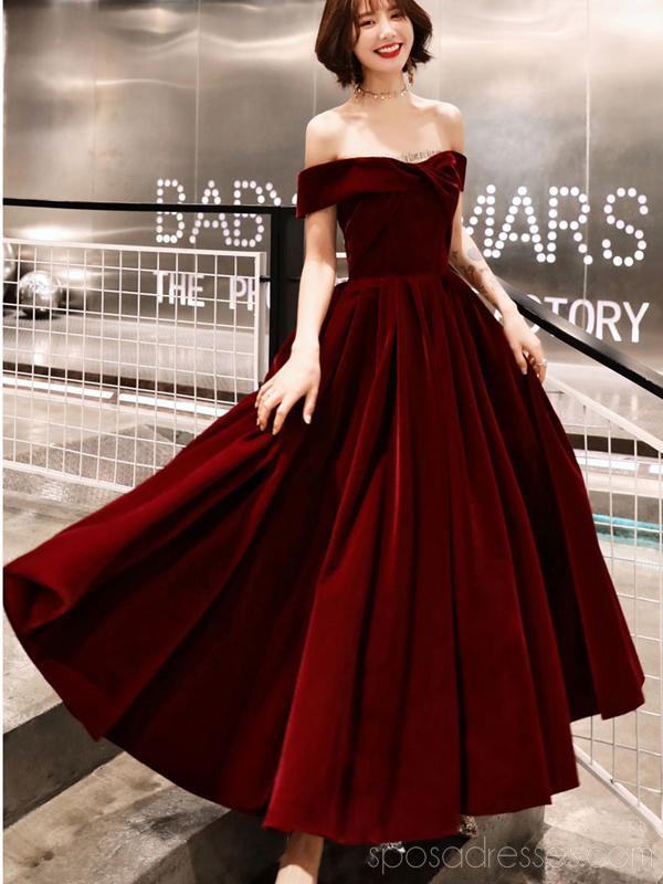 Robes de soirée pas cher à épaules dénudées simples rouge foncé en ligne, robes de bal courtes pas chères, CM776