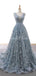 V Neck Dusty Μπλε δαντέλα μακρά βραδινά φορέματα Prom, βραδινά φορέματα, 12230