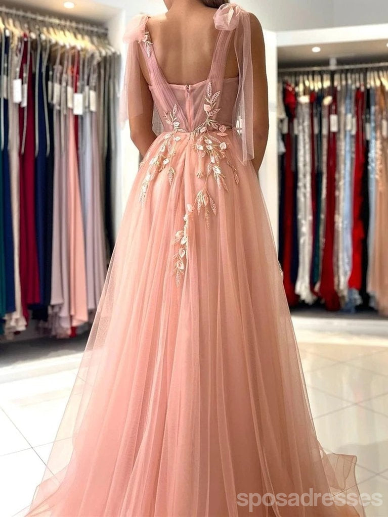 Peach Pink A-line High Slit See Through Long Prom Dresses Online,Dance Dresses,12669