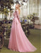 Long Sleeve Pink Lace A line Long Evening Prom Dresses, Popular Cheap Long Party Prom Dresses, 17310