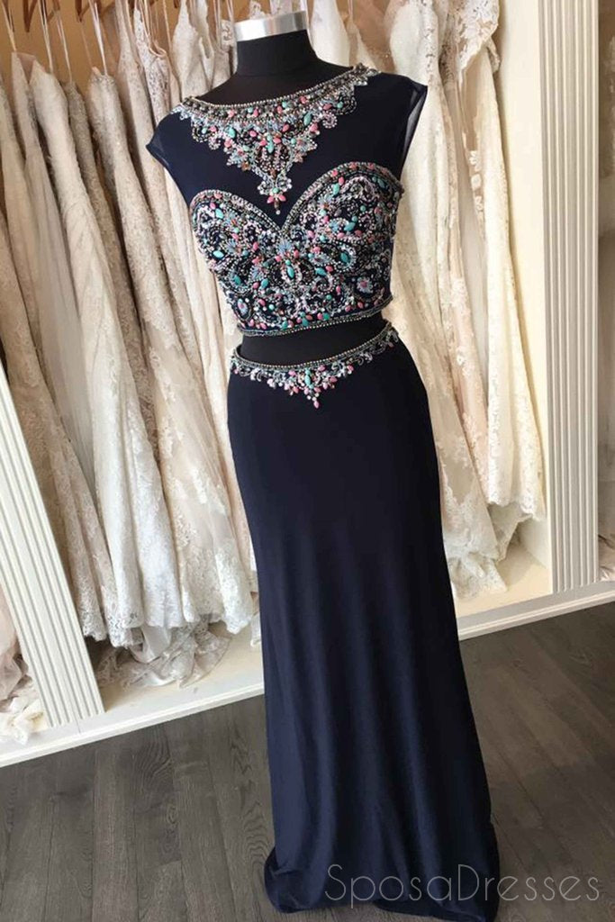 Sexy Two Pieces Heavily Beaded Navy Mermaid Long Cheap Evening Prom Dresses, 17538