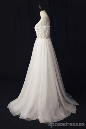 Ver a través de V Neck Lace Cheap Custom A-line Long Wedding Bridal Dresses, WD290