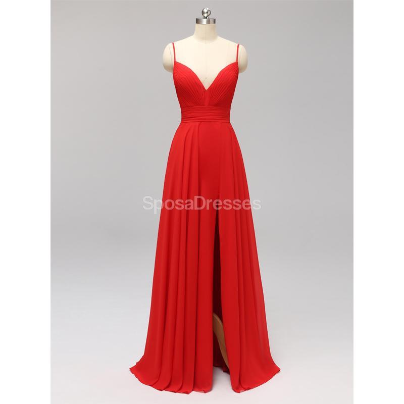 Side Slit Spaghetti Straps Red Chiffon Long barato dama de honra vestidos on-line, WG592
