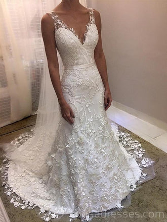 Vestidos de novia baratos con cuello en V sin espalda de sirena de encaje baratos, vestidos de novia baratos, WD530