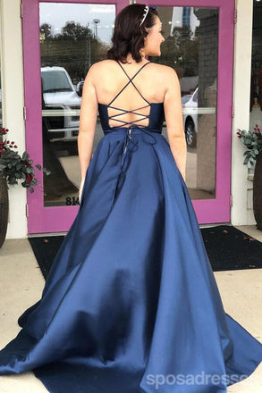 Navy Blue A-line Spaghetti Straps V-neck Cheap Long Prom Dresses,12832