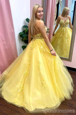 Yellow A-line Spaghetti Straps V-neck Cheap Long Prom Dresses Online,12809