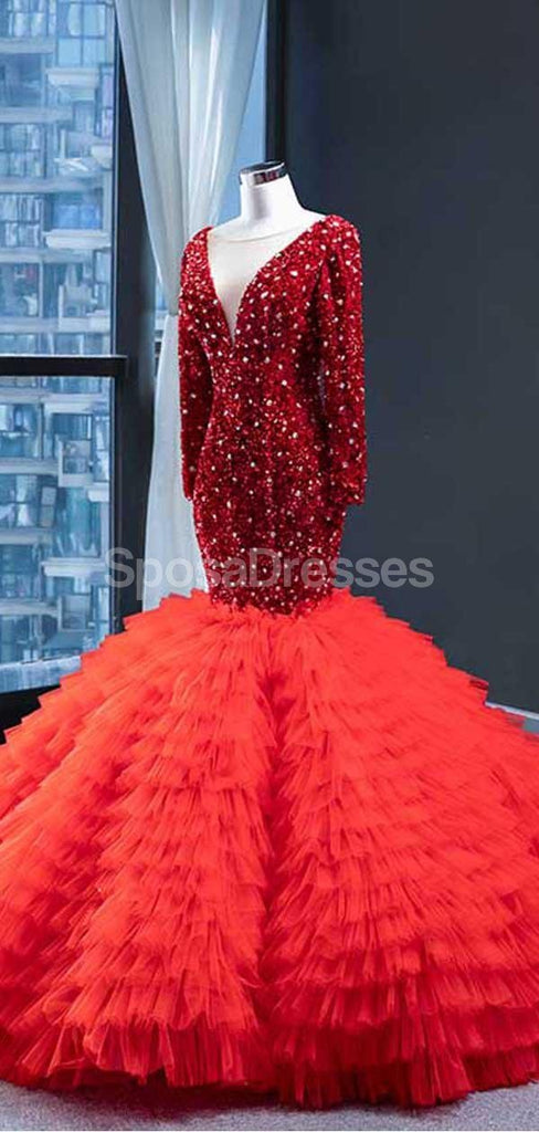 Red Long Sleeves Ruffles Mermaid Evening Prom Φορέματα, Βραδινά Πάρτυ Prom Φορέματα, 12236
