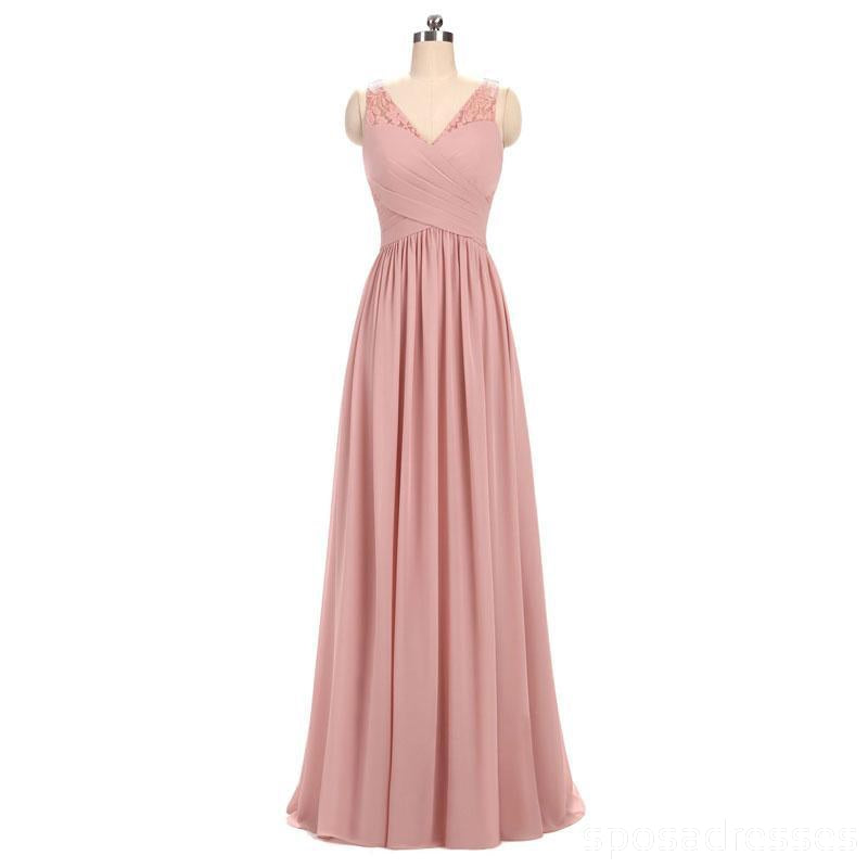 Dusty Pink V Neck Lace λουράκια μακρύ σιφόν φθηνά φορέματα παράνυμφων σε απευθείας σύνδεση, WG280