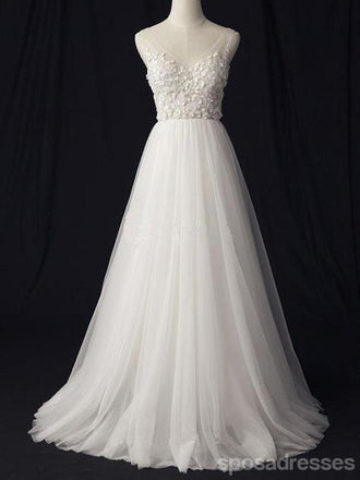 Ver a través de V Neck Lace Cheap Custom A-line Long Wedding Bridal Dresses, WD290