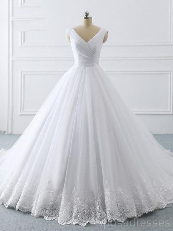 Vestidos de novia baratos de tul con cuello en V blanco en línea, vestidos de novia baratos de una línea, WD464