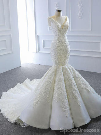 V Neck Lace Mermaid Wedding Dresses, Cheap Wedding Gown, WD716