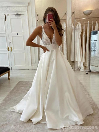 Vestidos de novia baratos de encaje con cuello en V en línea, vestidos de novia únicos baratos, WD594