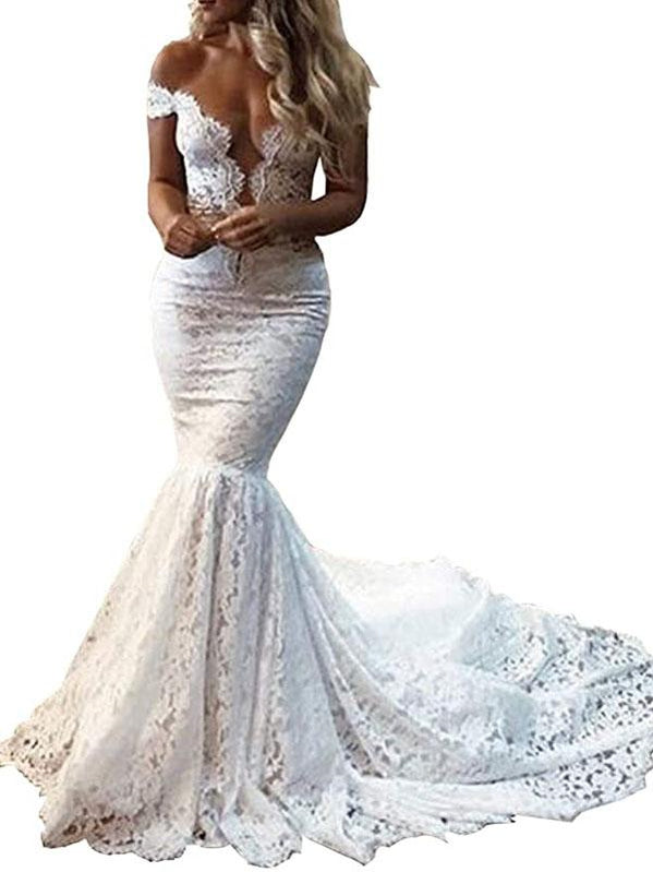Mermaid Off The Shoulder Lace Wedding Dresses, Cheap Wedding Gown, WD727