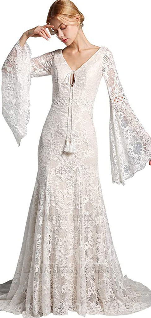 Beautiful Long Sleeves V Neck Lace Wedding Dresses, Cheap Wedding Gown, WD730