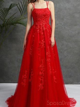 A-line Applique Spaghetti Straps Long Prom Dresses, Sweet 16 Prom Dresses, 12448