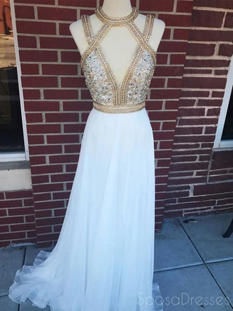 A-line Sleeveless Halter Rhinestone Prom Dresses, Sweet 16 Prom Dresses, 12476