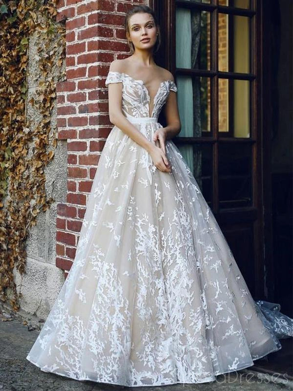 A-line Deep V Neck Off The Shoulder Prom Dresses, Sweet 16 Prom Dresses, 12466