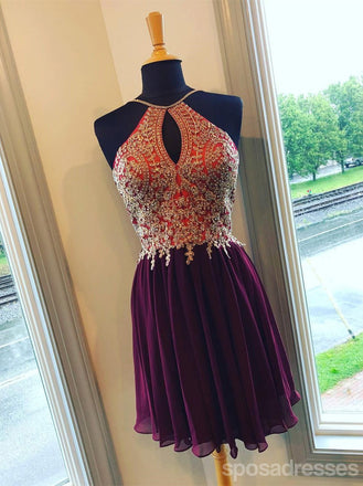 Πράσινο Χρυσό Δαντέλα Halter Φθηνά Homecoming Φορέματα Online, Φθηνά Κοντά Φορέματα Prom, CM736