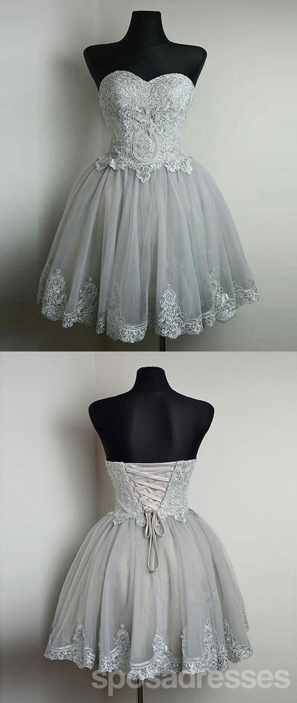 Strapless Gray Lace Tulle Homecoming Prom Dresses, Cheap Short Prom Dresses, CM350