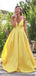 Απλό, χωρίς πλάτη V-λαιμό Φθηνό, κίτρινο, μακρύ απογευματινό φόρεμα, φόρεμα χορού, 18613