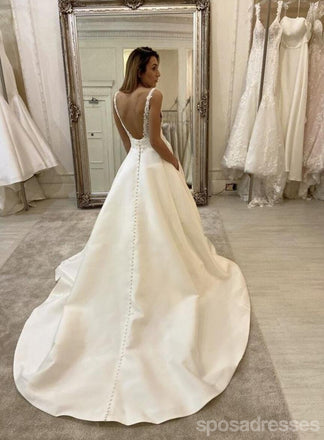 Vestidos de novia baratos de encaje con cuello en V en línea, vestidos de novia únicos baratos, WD594