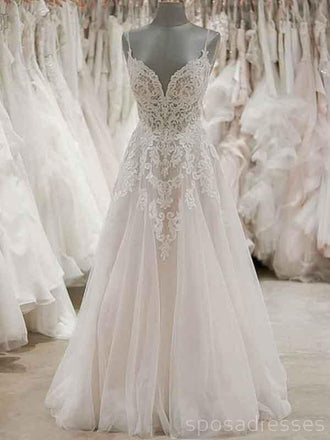 Spaghetti Correas Encajes Backless A-line Vestidos De Novia Baratos En Línea, Vestidos De Novia Baratos, WD516