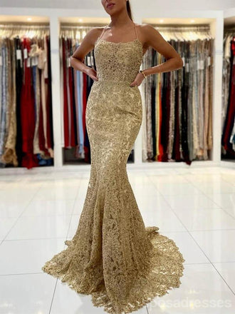 Sexy Gold Mermaid Spaghetti Straps Backless Cheap Long Prom Dresses Online,12682