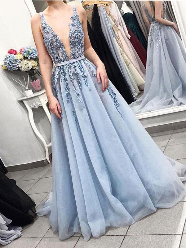 Sexy Backless Deep V Neck Dusty Blue Lace Long Evening Prom Dresses, Cheap Sweet 16 φορέματα, 18438