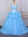 Cordón ata vestido de la pelota azul con correa vestidos de la fiesta de promoción de la tarde largos, 16 vestidos dulces de encargo baratos, 18543