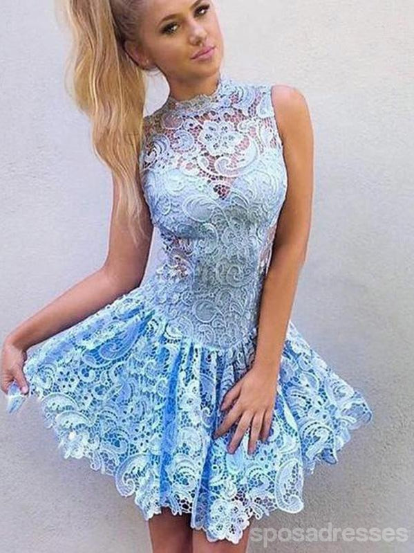 High Neck Blue Lace Illusion Short Cheap Homecoming Dresses Online, CM563