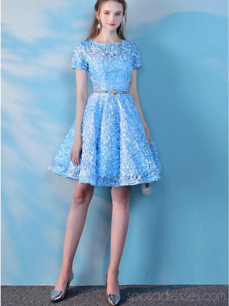 Κοντά μανίκια μπλε δαντέλα φθηνά φορέματα Homecoming Online, φθηνά σύντομα φορέματα Prom, CM777