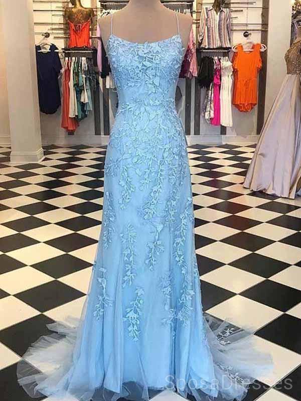 Μακαρόνια Λουράκια Μπλε Lace Mermaid Long Evening Prom, Φθηνά Προσαρμοσμένα Γλυκά 16 Φορέματα, 18460