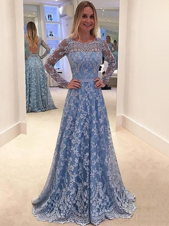 Blue Lace Prom Dresses, Long Sleeves Prom Dresses,A-line Prom Dresses,PD0182