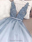 V Λαιμό Φως Μπλε Χάντρες Φθηνά Βραδινά Φορέματα Prom, Βράδυ Πάρτι, Φορέματα Prom, 12166