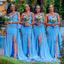 Blue Mermaid One Shoulder High Slit Cheap Long Bridesmaid Dresses,WG1547