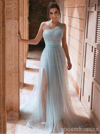 Sky Blue A-line One Shoulder High Slit Cheap Long Prom Dresses,12974