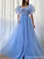 Blue A-line Short Sleeves Cheap Long Prom Dresses, Evening Party Dresses,12890
