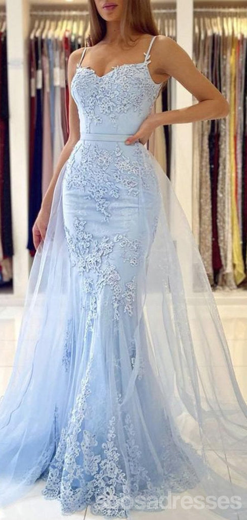 Blue Lace Mermaid Spaghetti Straps V-neck Long Prom Dresses Online,12665