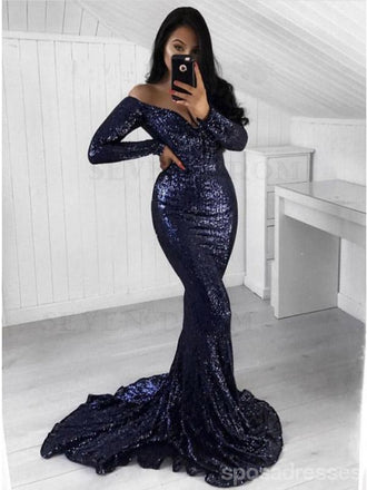 Sexy Blue Mermaid Long Sleeves Off Shoulder V-neck Cheap Prom Dresses Online,12616