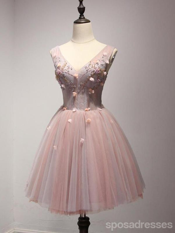 V Neckline Blush Pink Beaded Homecoming Dresses, Affordable Short Party Corset Back Prom Dresses, Perfect Homecoming Dresses, CM226