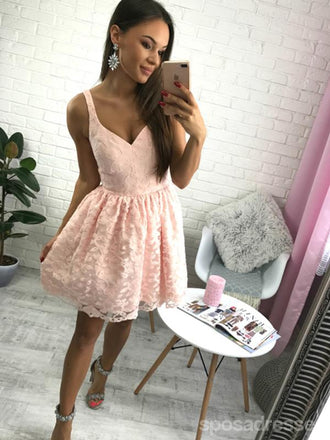 Κοντά φθηνά απλό V Neck Blush Pink Lace Homecoming Dresses 2018, CM518