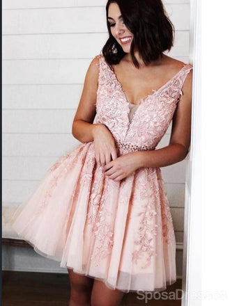 V Neck Blue Lace Short Cheap Homecoming φορέματα Online, CM822