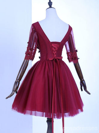 Μακρυμάνικα Δαντέλα Βουργουνδία Φτηνά Κοντά Φορέματα Homecoming Online, CM668