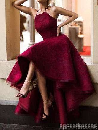 Halter Cute Dark Red High Low Lace Homecoming Dresses 2018, CM511