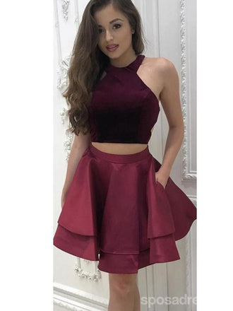 Sexy Dos Piezas Simples Turístico Halter Rojo Oscuro Corto Vestidos de Regreso a casa Online, CM538
