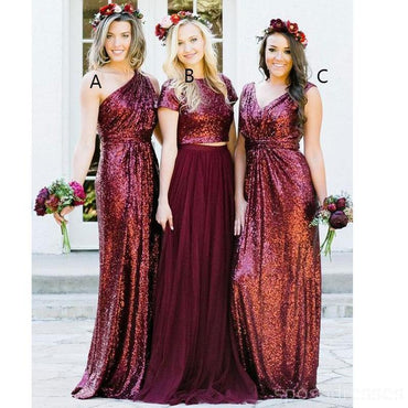 Dark Red Sequin Mismatched Custom Long Bridesmaid Dresses, WG235